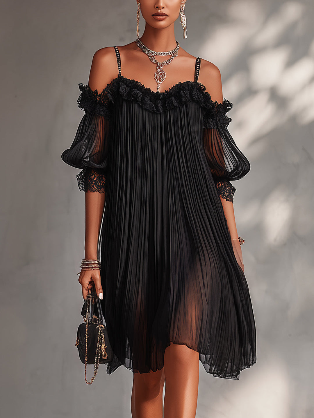 Camille | Off-Shoulder Black Chiffon Mini Dress with Lace Trim