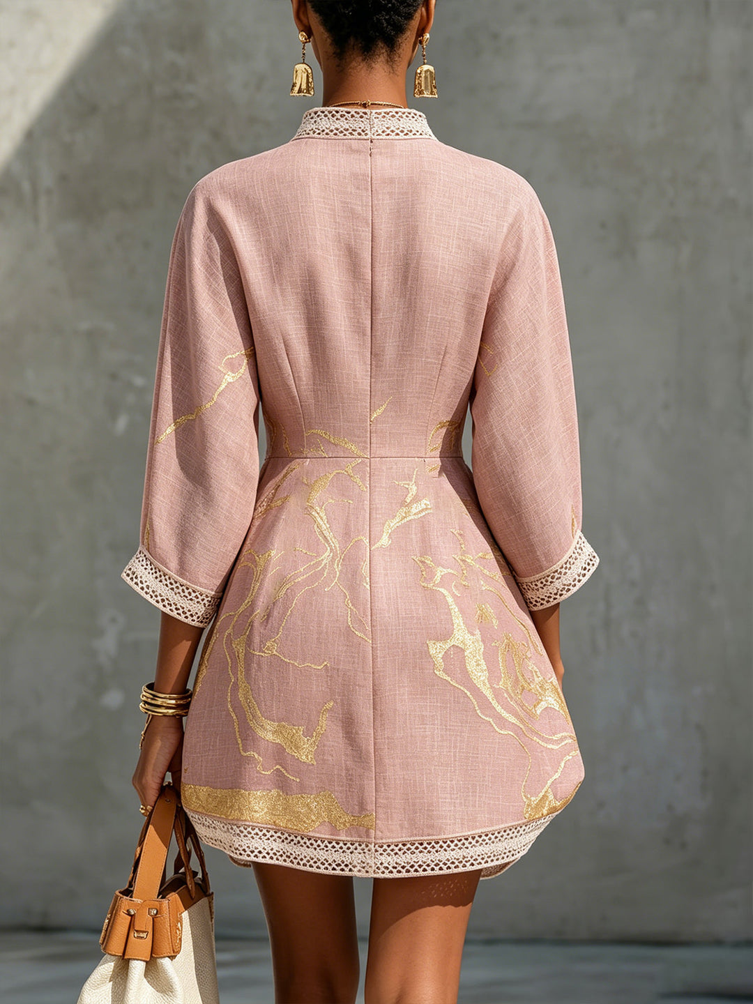 Ninon | Pink Crocheted Lace Mini Dress with Golden Accents and V-Neck