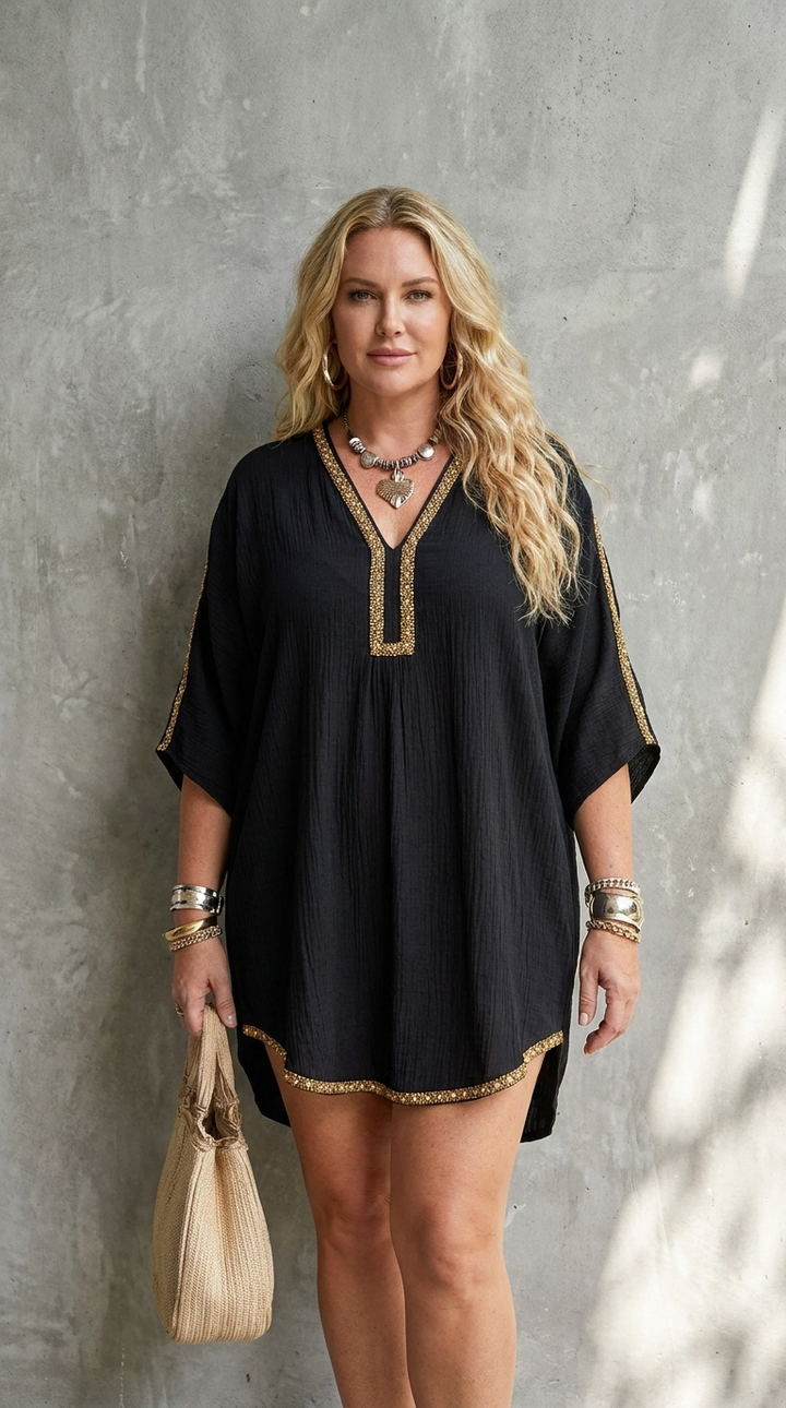 Mirella | Black Kaftan-Style Mini Dress with Deep V-Neck