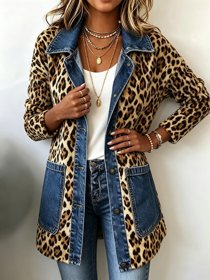 Barbara™ | Leopard Print Denim Panel Contrast Longline Jacket