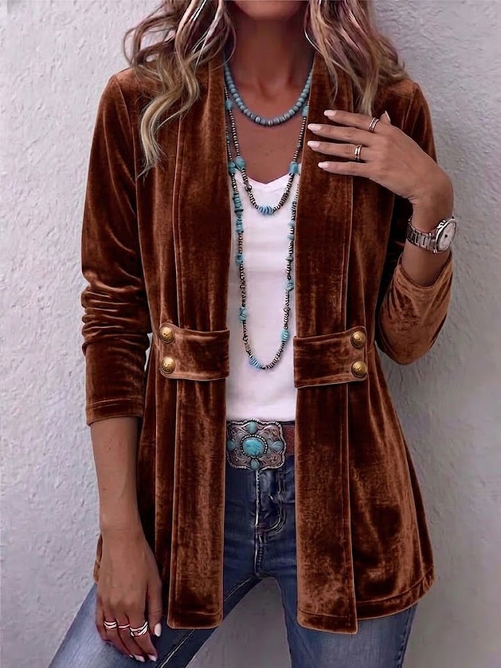 Christine™ | Vintage Lapel Button-Accent Long Sleeve Open Front Jacket