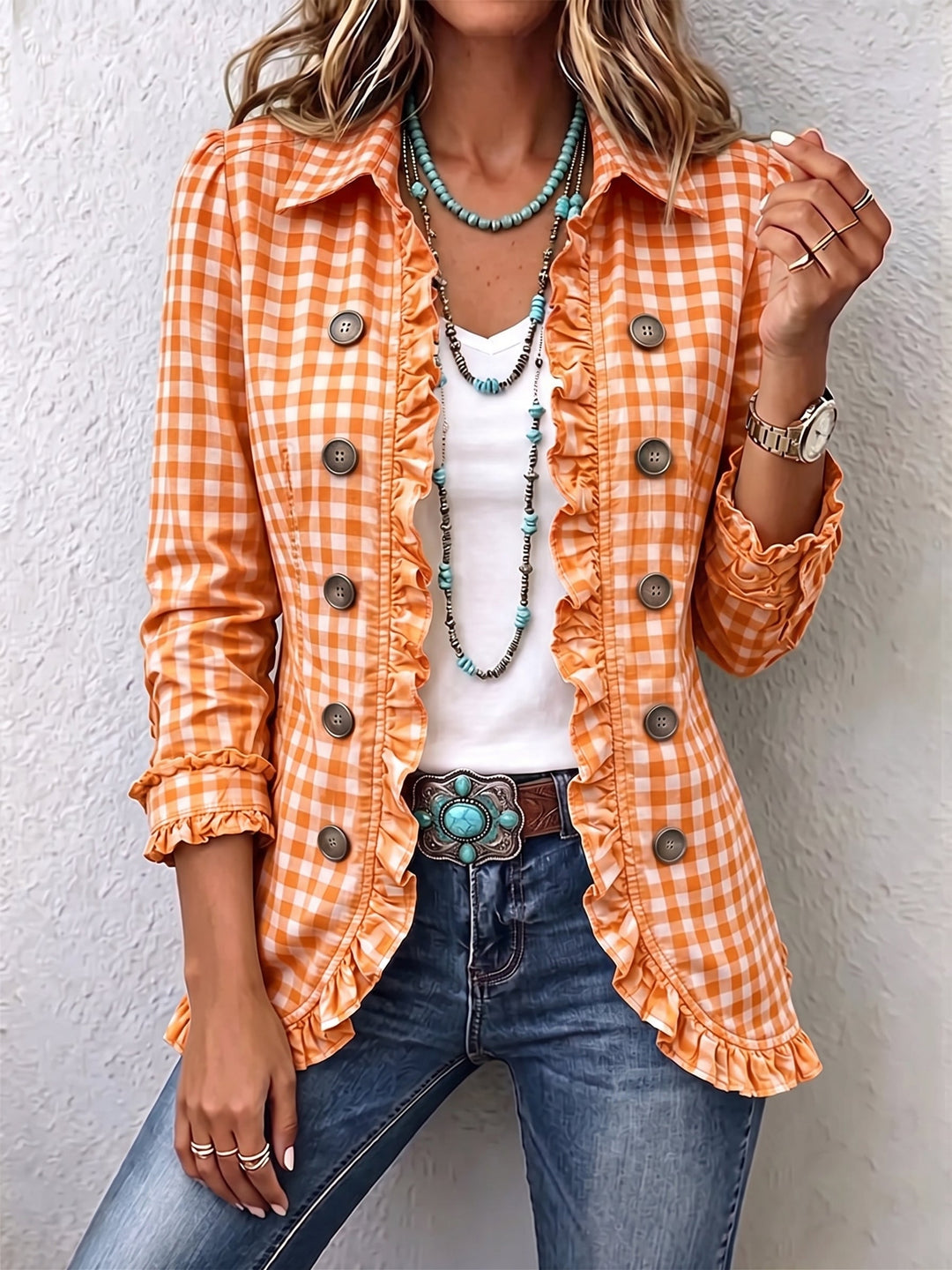 Fiona™ | Gingham Ruffled Button-Down Jacket