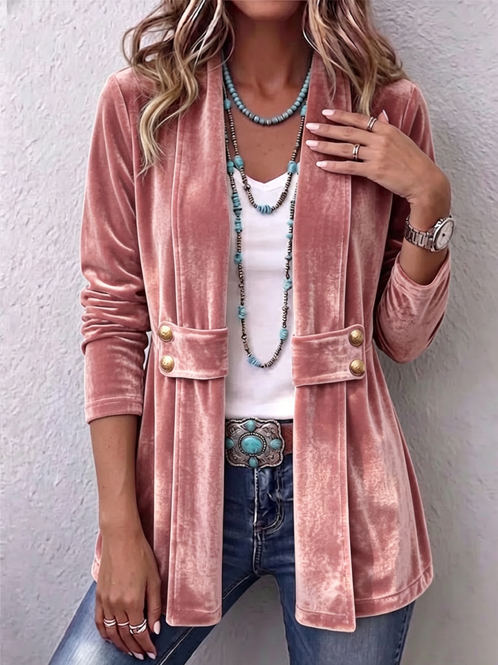 Christine™ | Vintage Lapel Button-Accent Long Sleeve Open Front Jacket