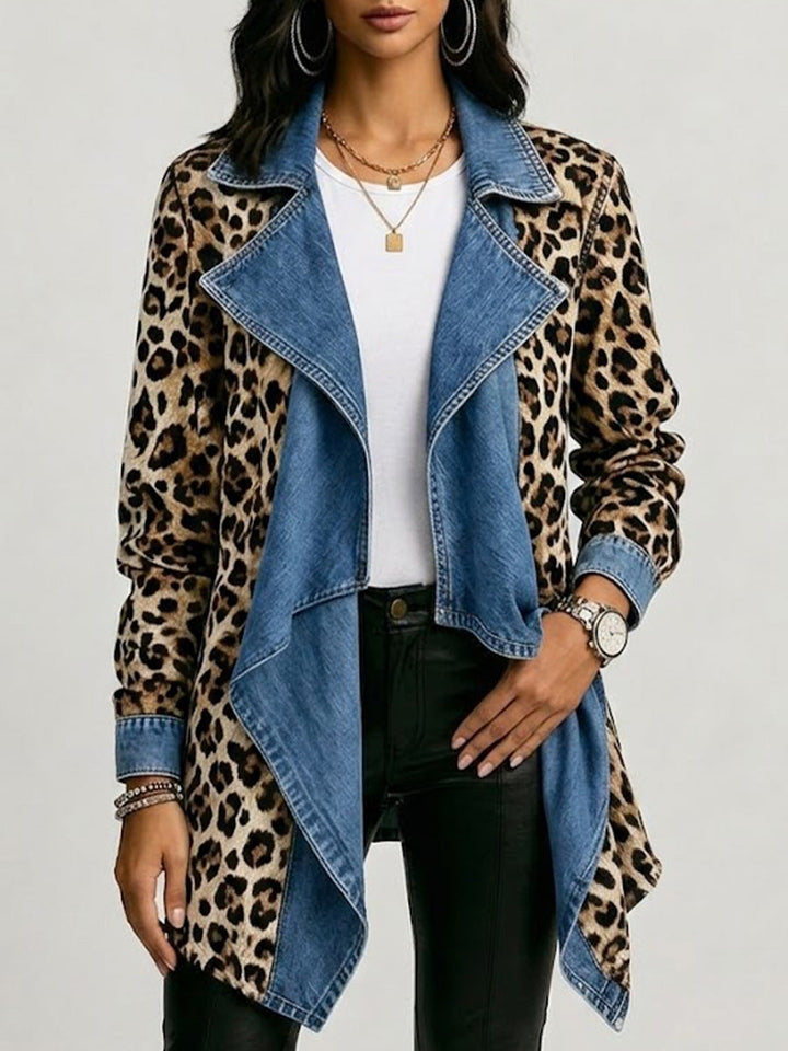 Annette™ | Leopard Print & Washed Denim Paneled Mid-Length Jacket