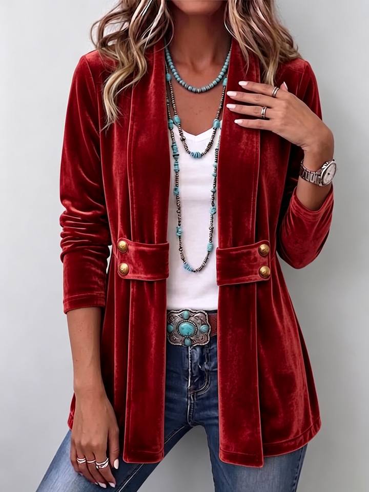 Christine™ | Vintage Lapel Button-Accent Long Sleeve Open Front Jacket