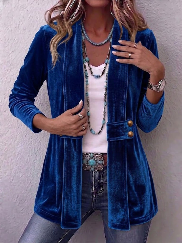 Christine™ | Vintage Lapel Button-Accent Long Sleeve Open Front Jacket
