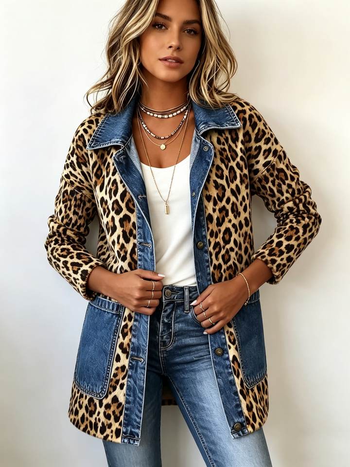 Barbara™ | Leopard Print Denim Panel Contrast Longline Jacket