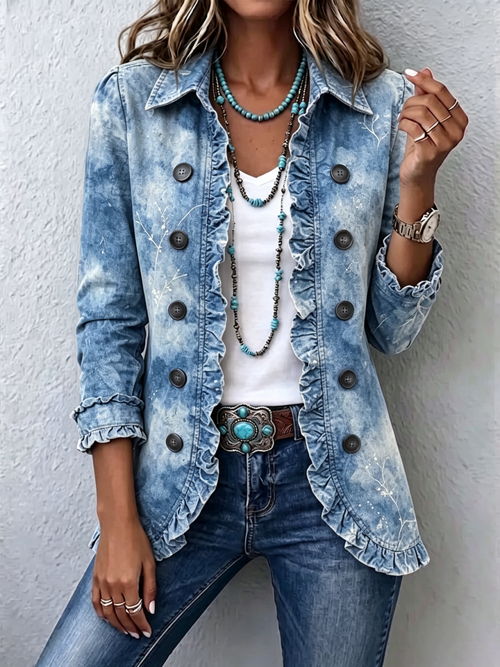 Cheryl™ | Boho-Style Gradient Vintage Botanical Print Ruffle-Detail Jacket