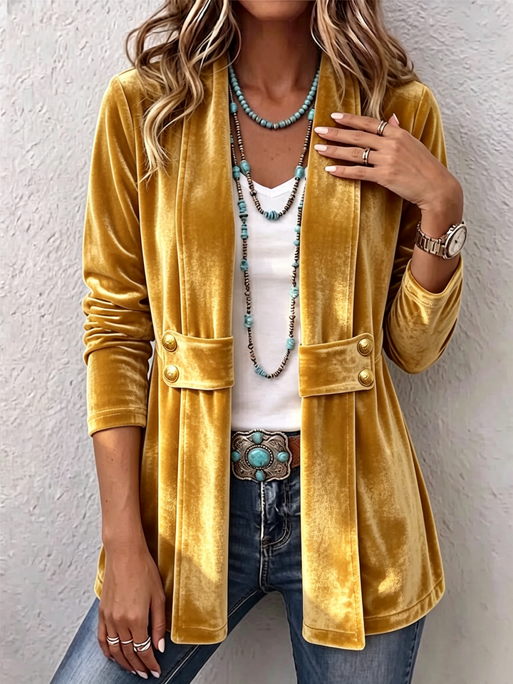 Christine™ | Vintage Lapel Button-Accent Long Sleeve Open Front Jacket