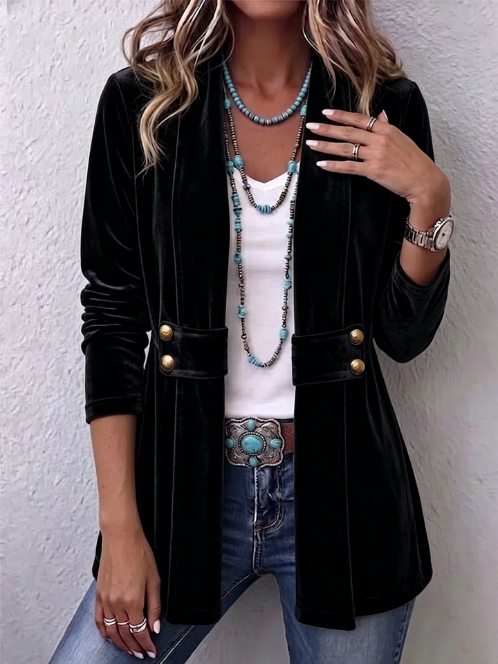 Christine™ | Vintage Lapel Button-Accent Long Sleeve Open Front Jacket