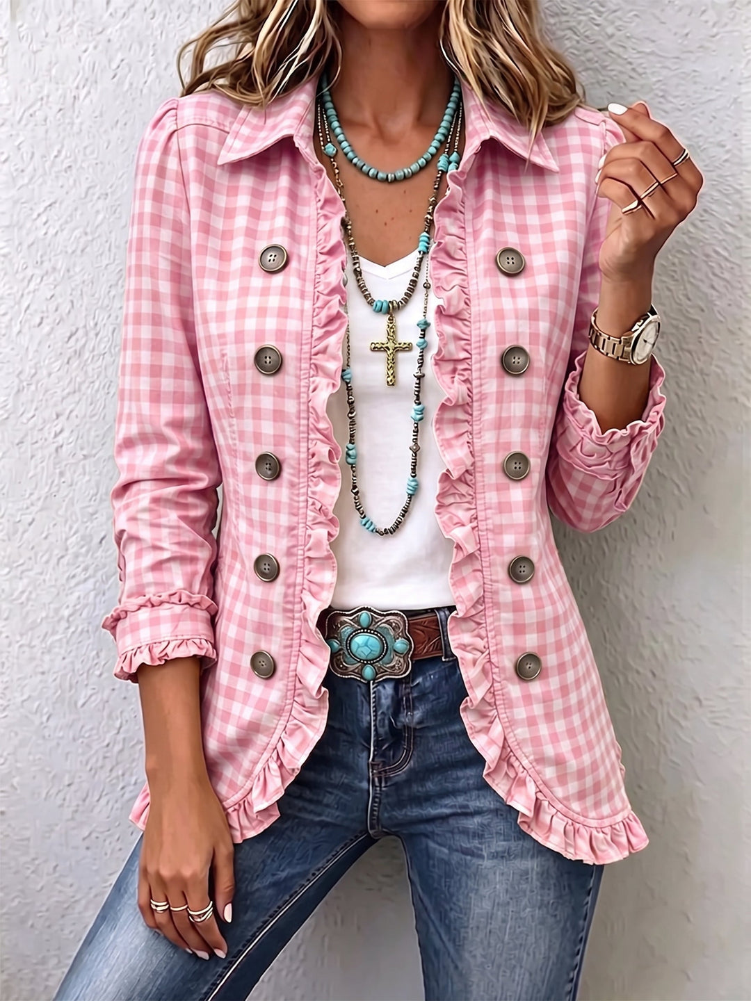 Fiona™ | Gingham Ruffled Button-Down Jacket