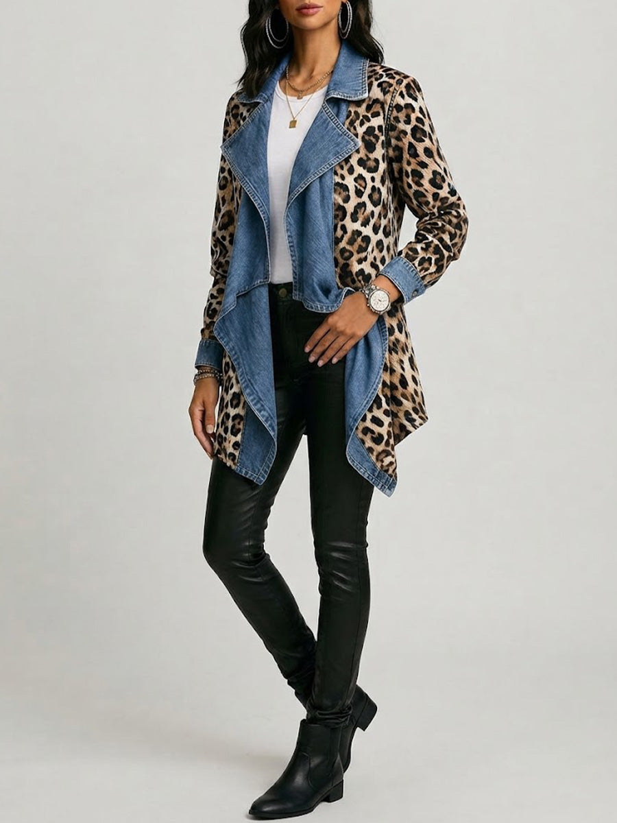 Annette™ | Leopard Print & Washed Denim Paneled Mid-Length Jacket