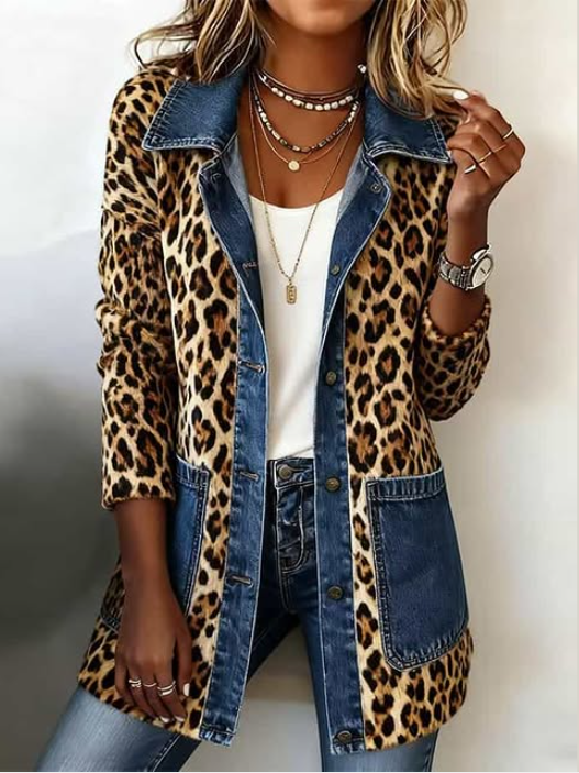 Barbara™ | Leopard Print Denim Panel Contrast Longline Jacket