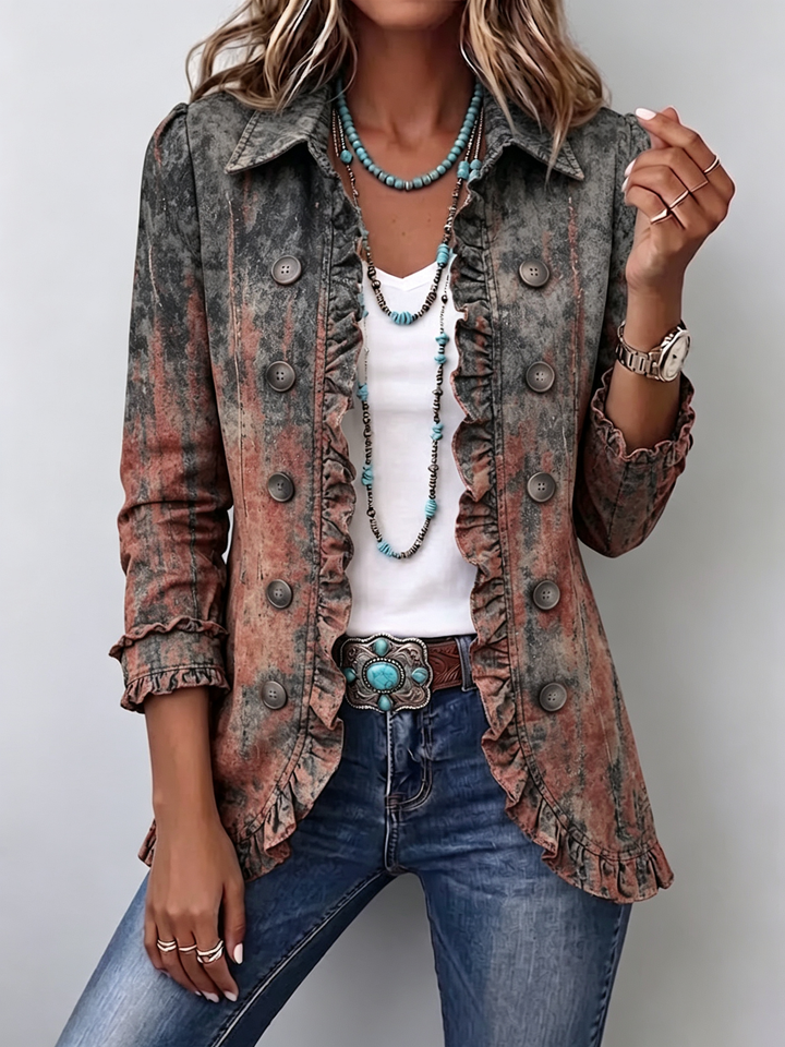 Carol™ | Vintage Gradient Textured Print Ruffle Jacket